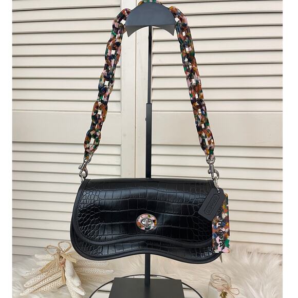 Coach Coachtopia Wavy Black Croc-Embossed Leather Shoulder/Crossbody NWT - Picture 4 of 12